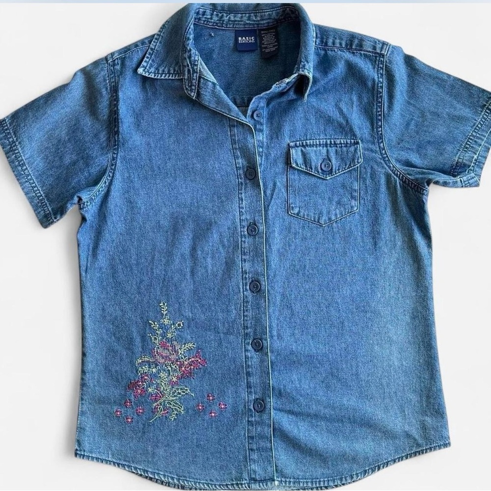 Vintage Basic Editions Denim Button Down Shirt Embroidered Cross Stitch Flower